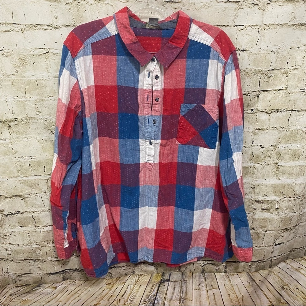 Natural Reflections Red Blue White Plaid Cotton Popover Top